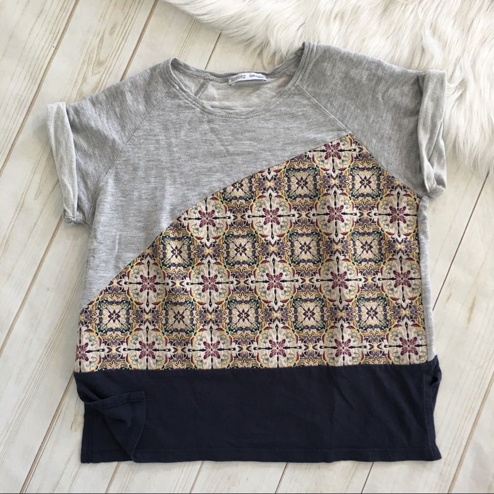 Zara Boxy Tee Roll Up Sleeve Patch Embellished